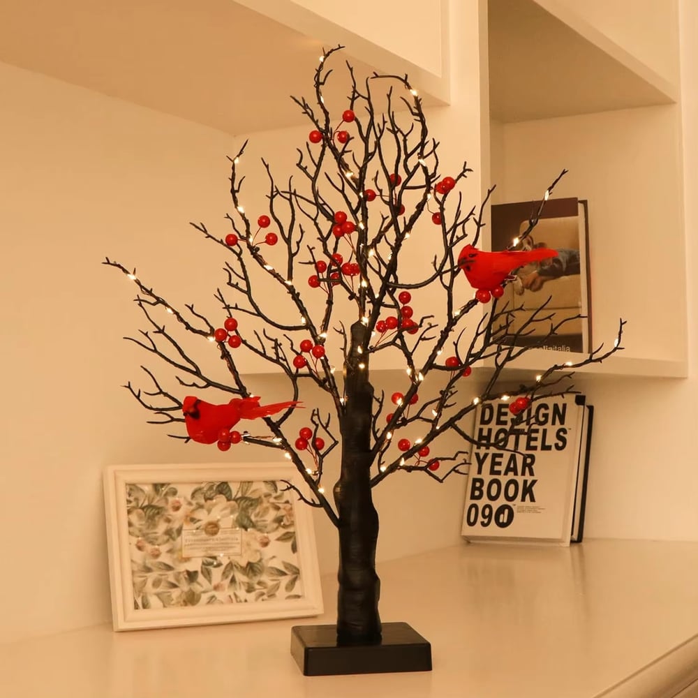 Mini Birch Tree with LED Cardinals and Berries