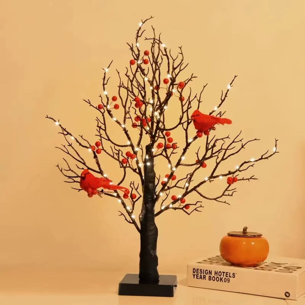 Mini Birch Tree with LED Cardinals and Berries