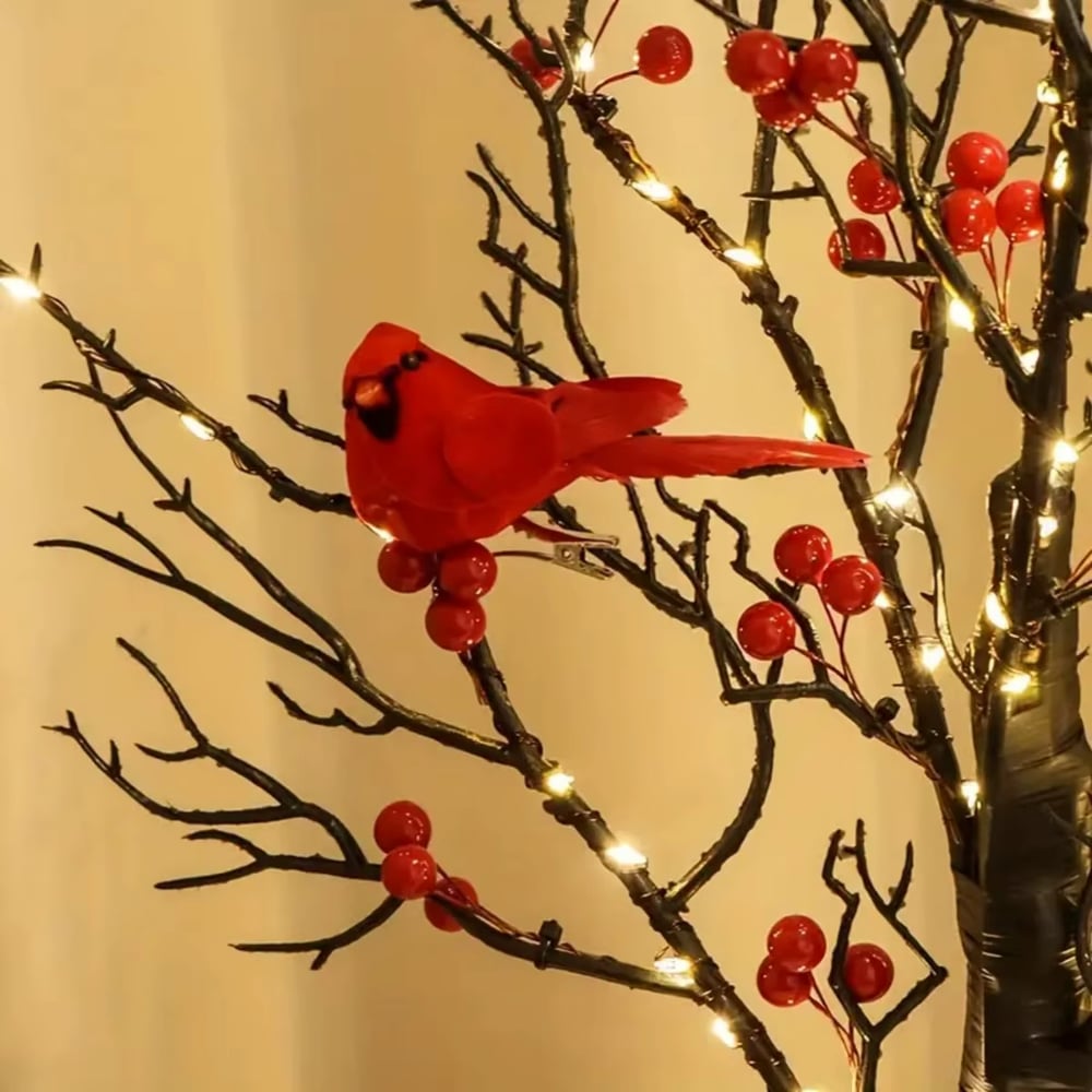 Mini Birch Tree with LED Cardinals and Berries