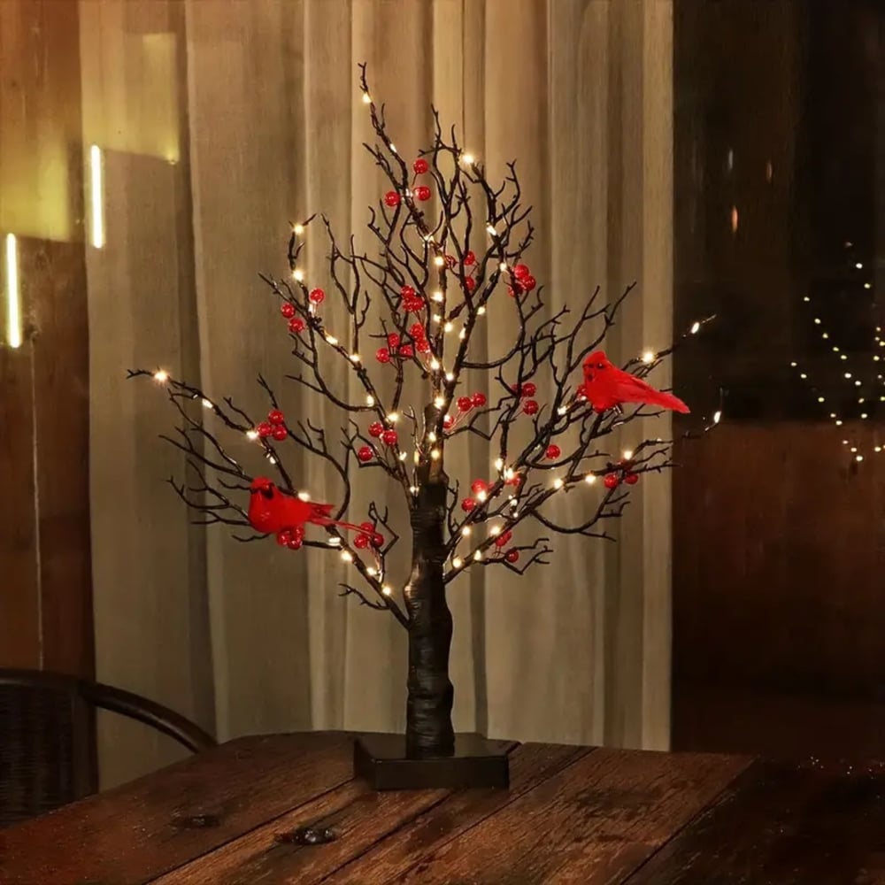 Mini Birch Tree with LED Cardinals and Berries