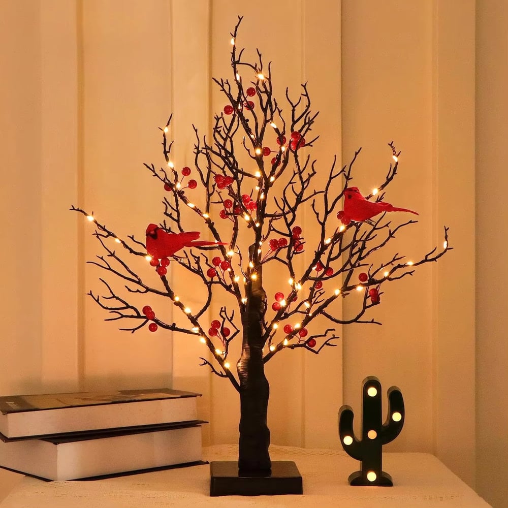 Mini Birch Tree with LED Cardinals and Berries