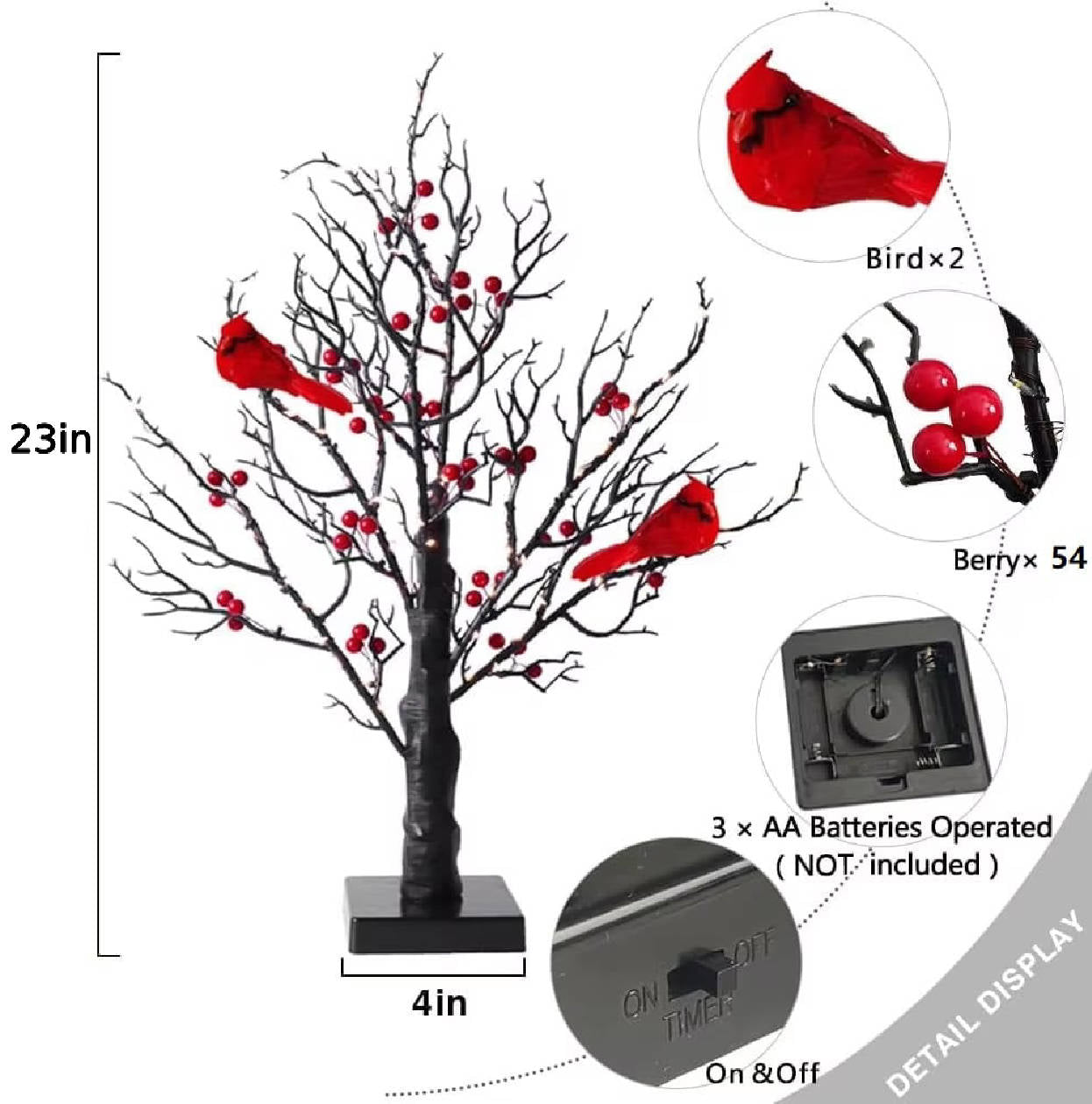 Mini Birch Tree with LED Cardinals and Berries