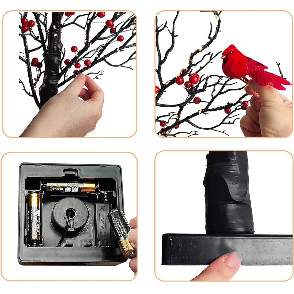 Mini Birch Tree with LED Cardinals and Berries