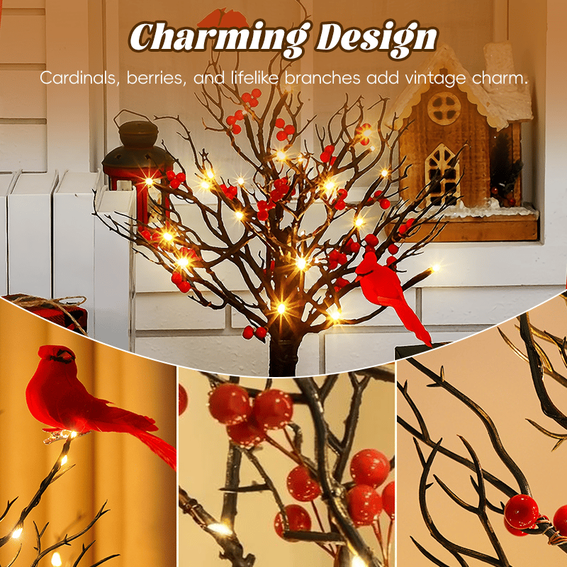 Vintage Glowing Birch Tree with Cardinals and Berries