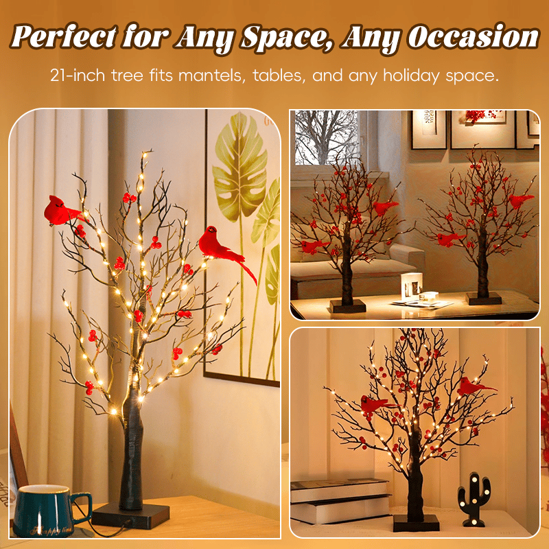 Vintage Glowing Birch Tree with Cardinals and Berries