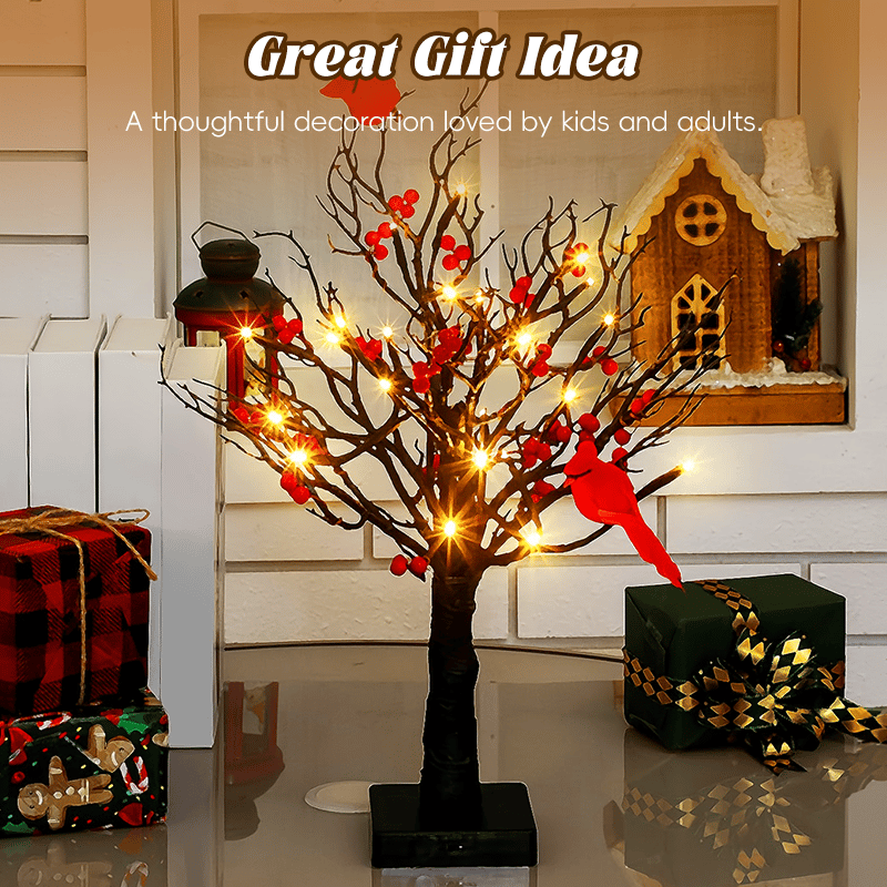 Vintage Glowing Birch Tree with Cardinals and Berries