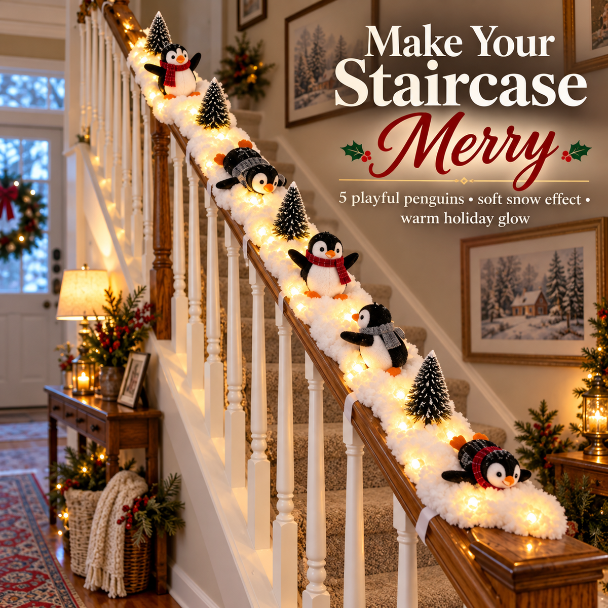 🐧Playful Penguin Snowy Stair Railing Decor💗BUY 2 SAVE 10%