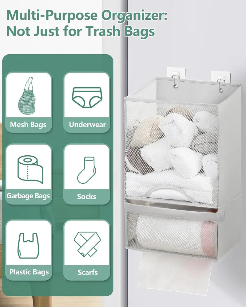 🛍️ 2-in-1 Extra Large Plastic Bag Holder – 🧺 Wall Mount Kitchen Organizer with Built-in Trash Bag Dispenser – Holds 60+ Bags, Oxford Cloth