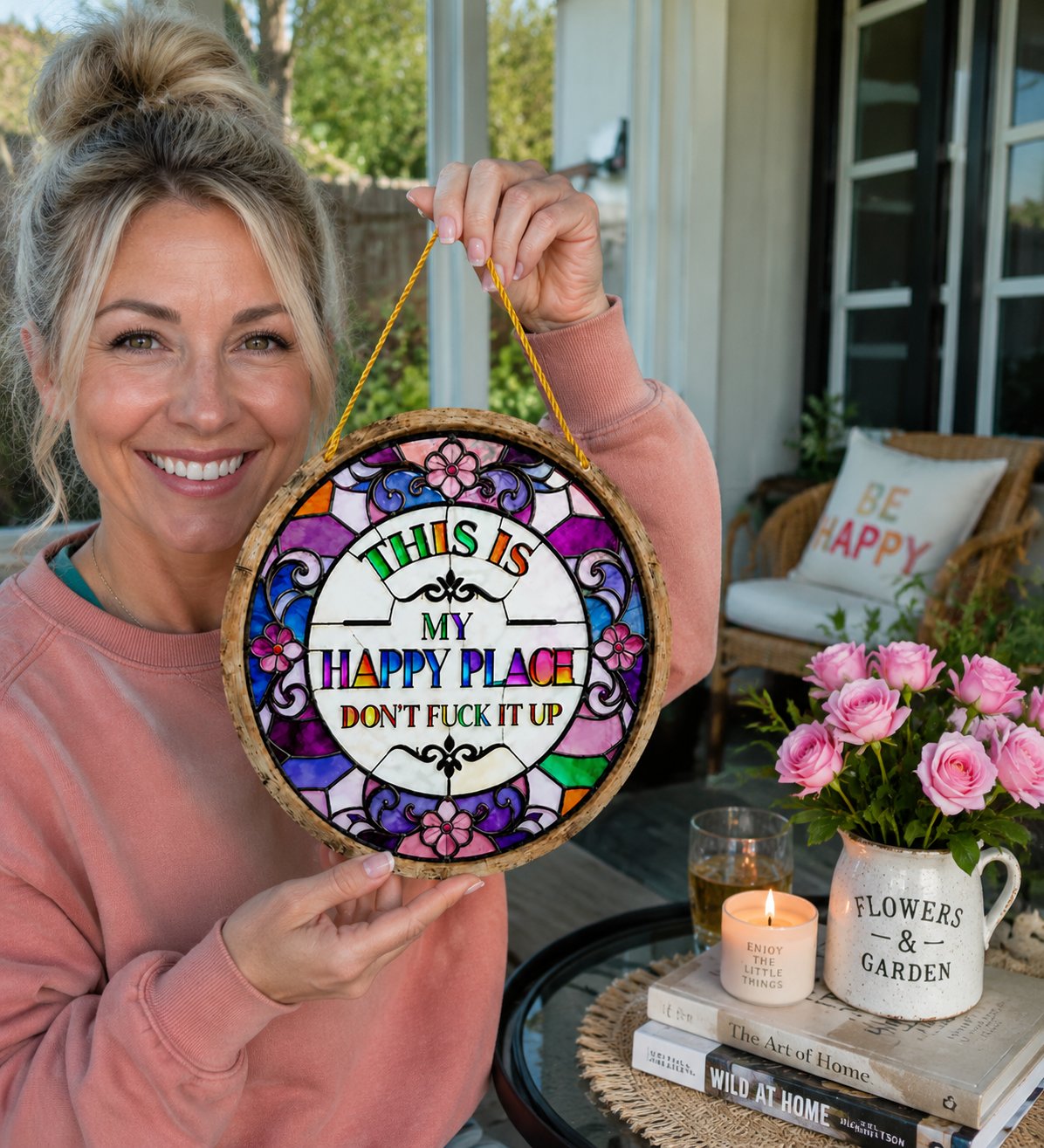 🔥 LAST DAY 49% OFF – 🌈 Stained Glass-Style Happy Place Hanging Suncatcher | Sunlight-Catching Quote Decor for Windows, Porches, Patios & Gifts ✨