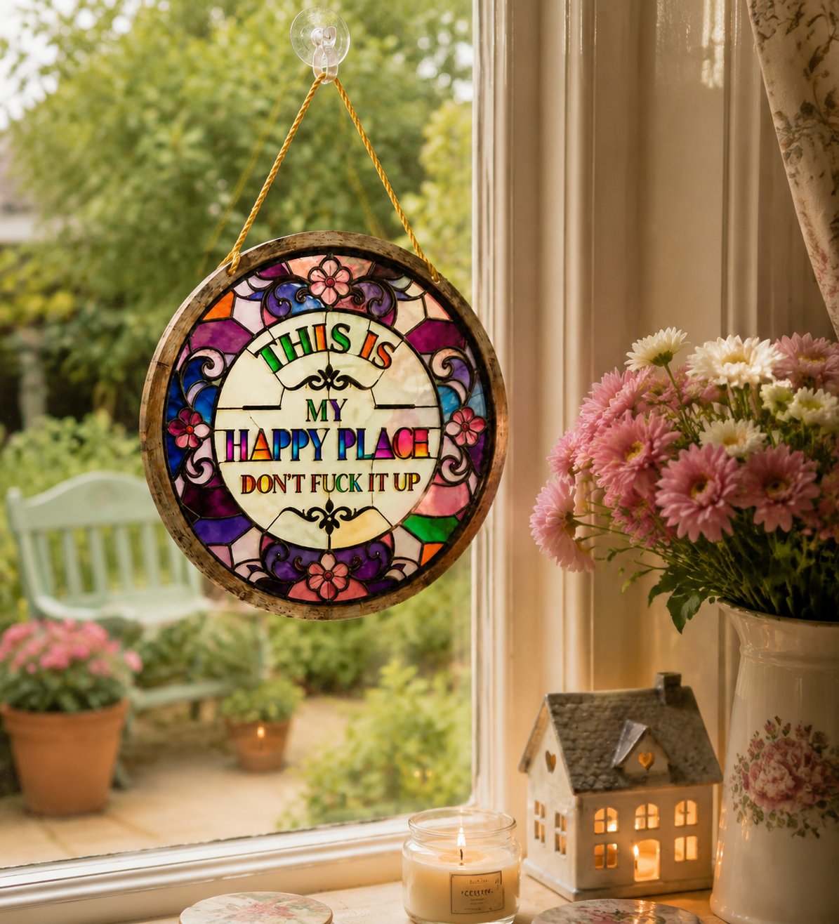 🔥 LAST DAY 49% OFF – 🌈 Stained Glass-Style Happy Place Hanging Suncatcher | Sunlight-Catching Quote Decor for Windows, Porches, Patios & Gifts ✨
