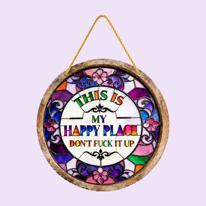 🔥 LAST DAY 49% OFF – 🌈 Stained Glass-Style Happy Place Hanging Suncatcher | Sunlight-Catching Quote Decor for Windows, Porches, Patios & Gifts ✨