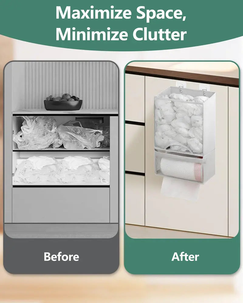 🛍️ 2-in-1 Extra Large Plastic Bag Holder – 🧺 Wall Mount Kitchen Organizer with Built-in Trash Bag Dispenser – Holds 60+ Bags, Oxford Cloth