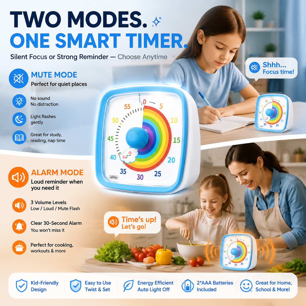 60-Minute Visual Timer with Night Light – Silent Rainbow Countdown Timer for Kids & Adults