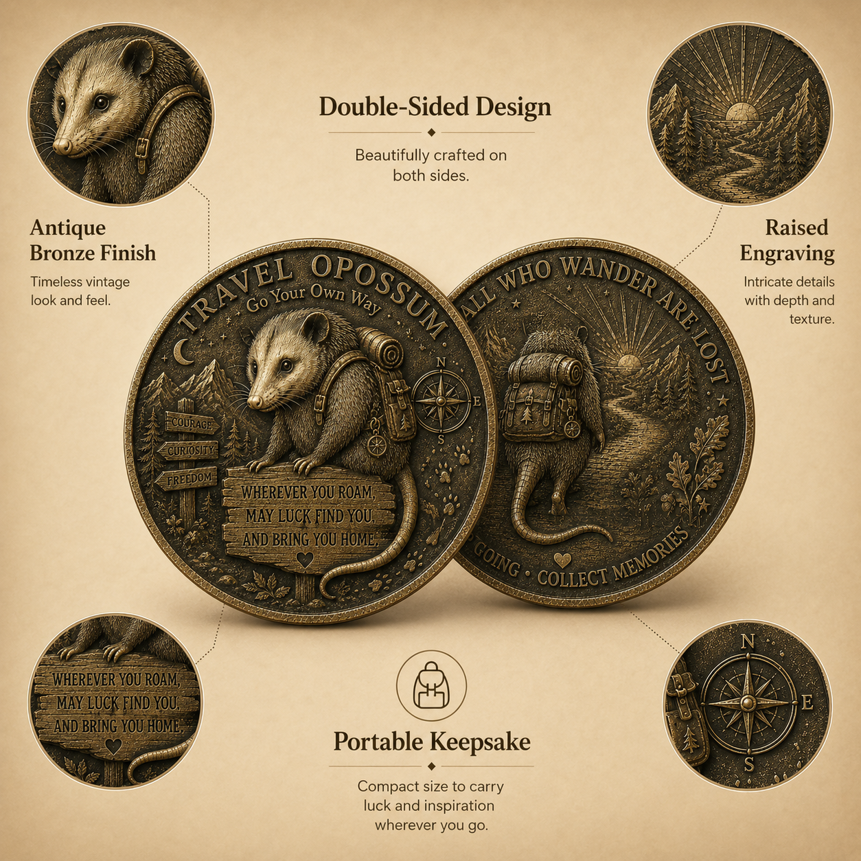 🏆 Limited Time Sale 49% OFF 🐾 Travel Opossum Lucky Coin | 3D Relief Edition ⭐⭐⭐⭐⭐