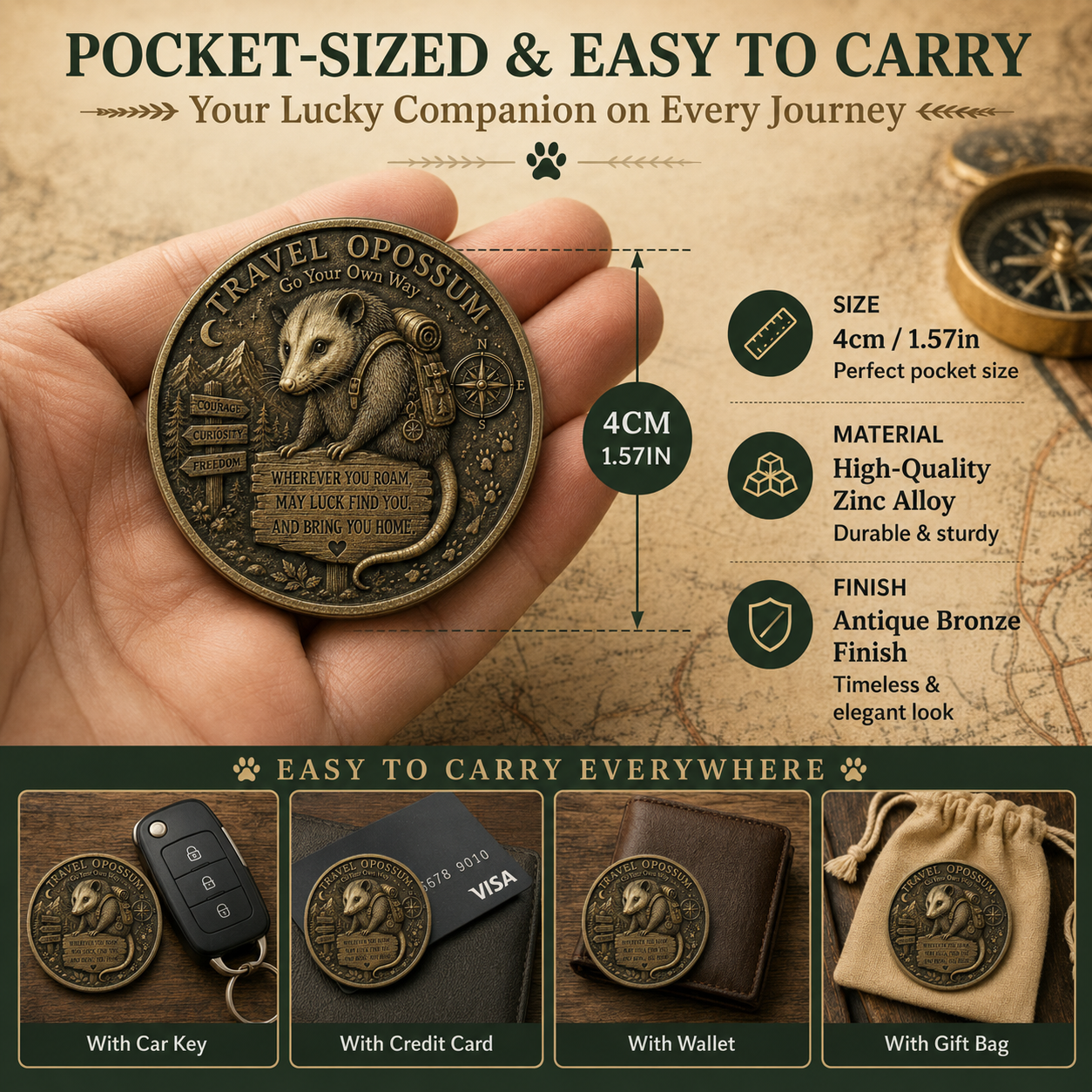 🏆 Limited Time Sale 49% OFF 🐾 Travel Opossum Lucky Coin | 3D Relief Edition ⭐⭐⭐⭐⭐