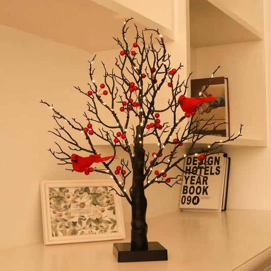 Mini Birch Tree with LED Cardinals and Berries
