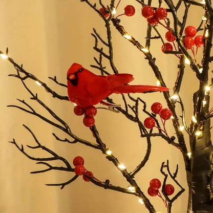 Mini Birch Tree with LED Cardinals and Berries