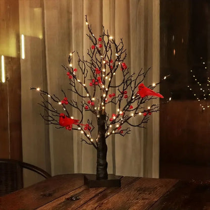 Mini Birch Tree with LED Cardinals and Berries