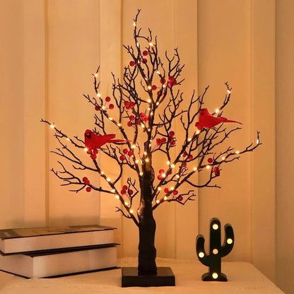 Mini Birch Tree with LED Cardinals and Berries