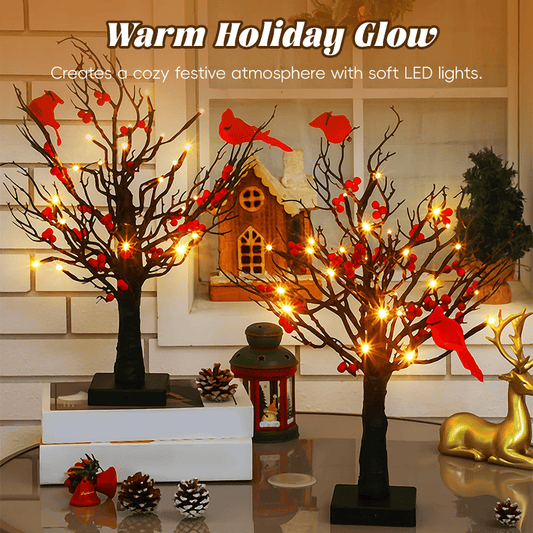Vintage Glowing Birch Tree with Cardinals and Berries