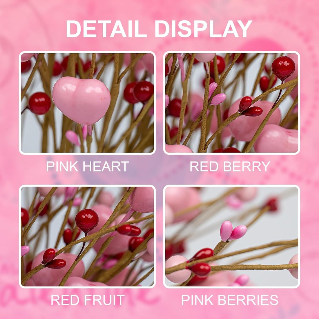 Romance in Bloom: Pink Heart & Berry Floral Stems (Valentine's Edition)