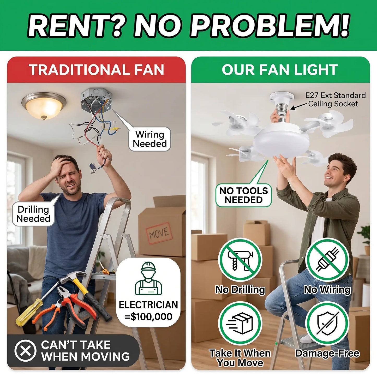 LAST DAY 49%OFF🔥E27 Ceiling Fan Light with Remote – Silent LED 2-in-1 Fan Light