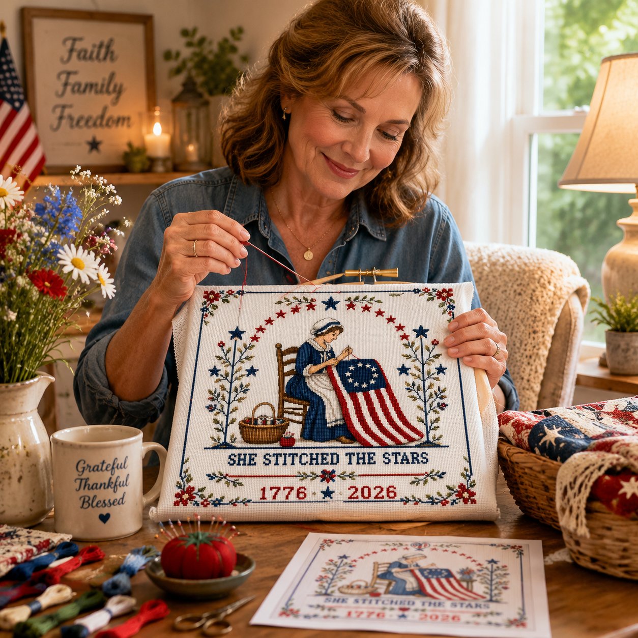 🔥🇺🇸250th Anniversary 50% OFF - 🪡 She Stitched The Stars Commemorative Cross Stitch Kit