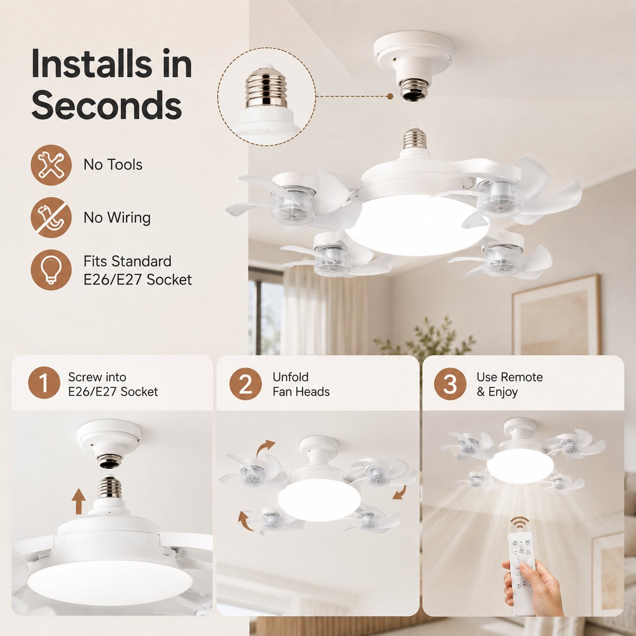 LAST DAY 49%OFF🔥E27 Ceiling Fan Light with Remote – Silent LED 2-in-1 Fan Light