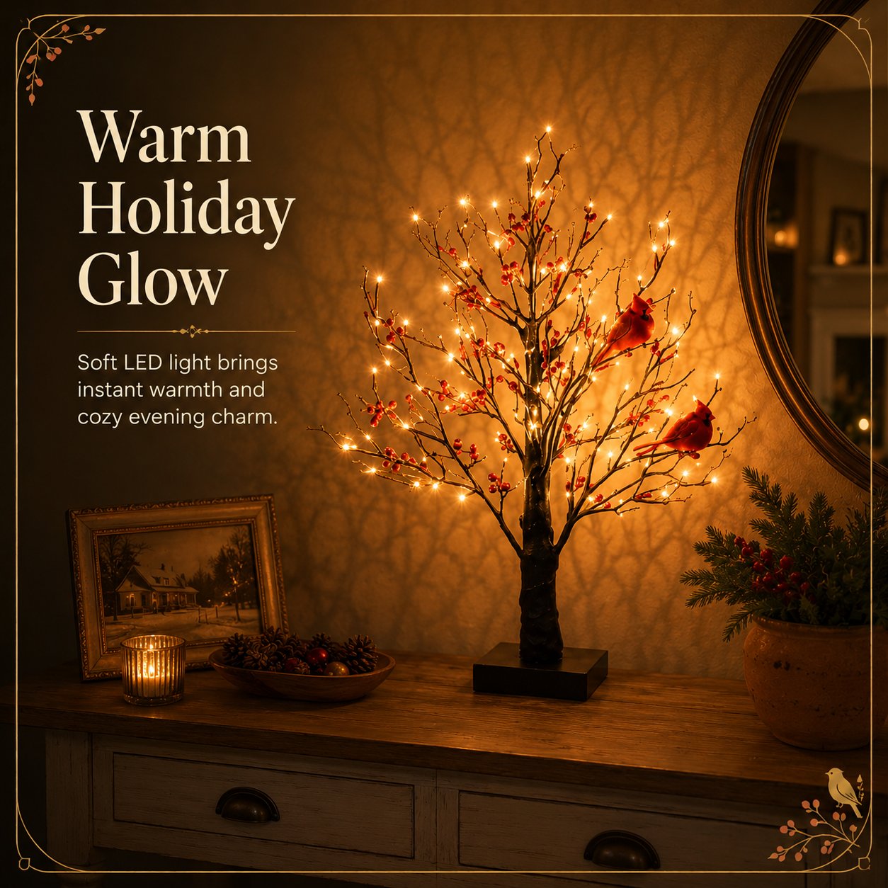 Vintage Glowing Cardinal Tree With Berries
