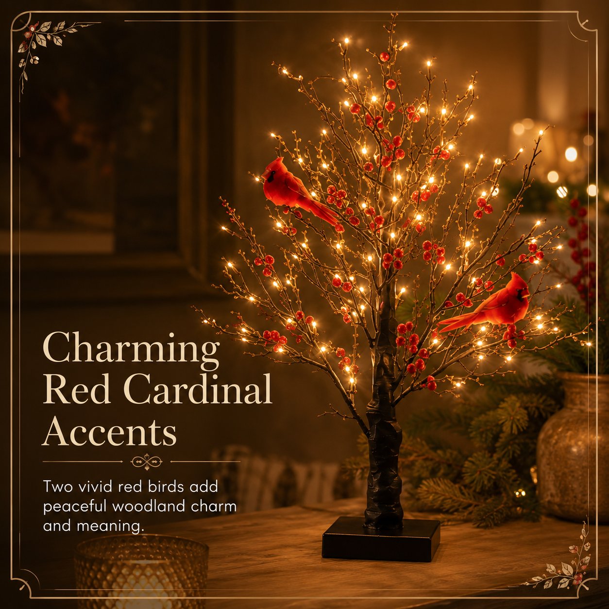 Vintage Glowing Cardinal Tree With Berries