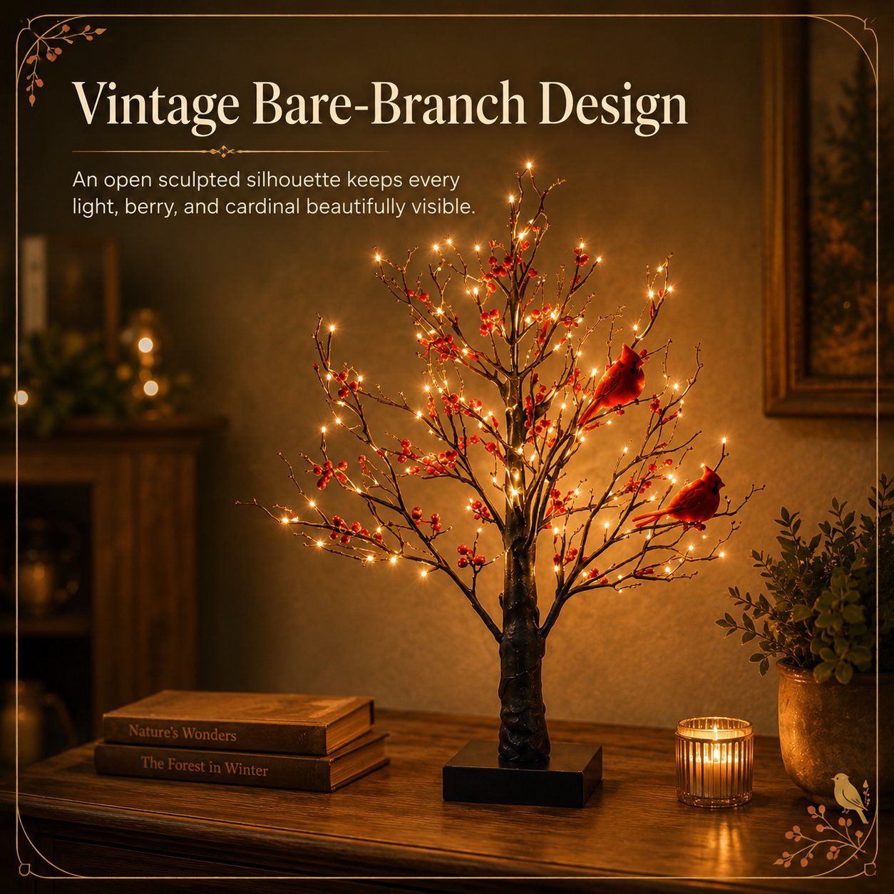 Vintage Glowing Cardinal Tree With Berries