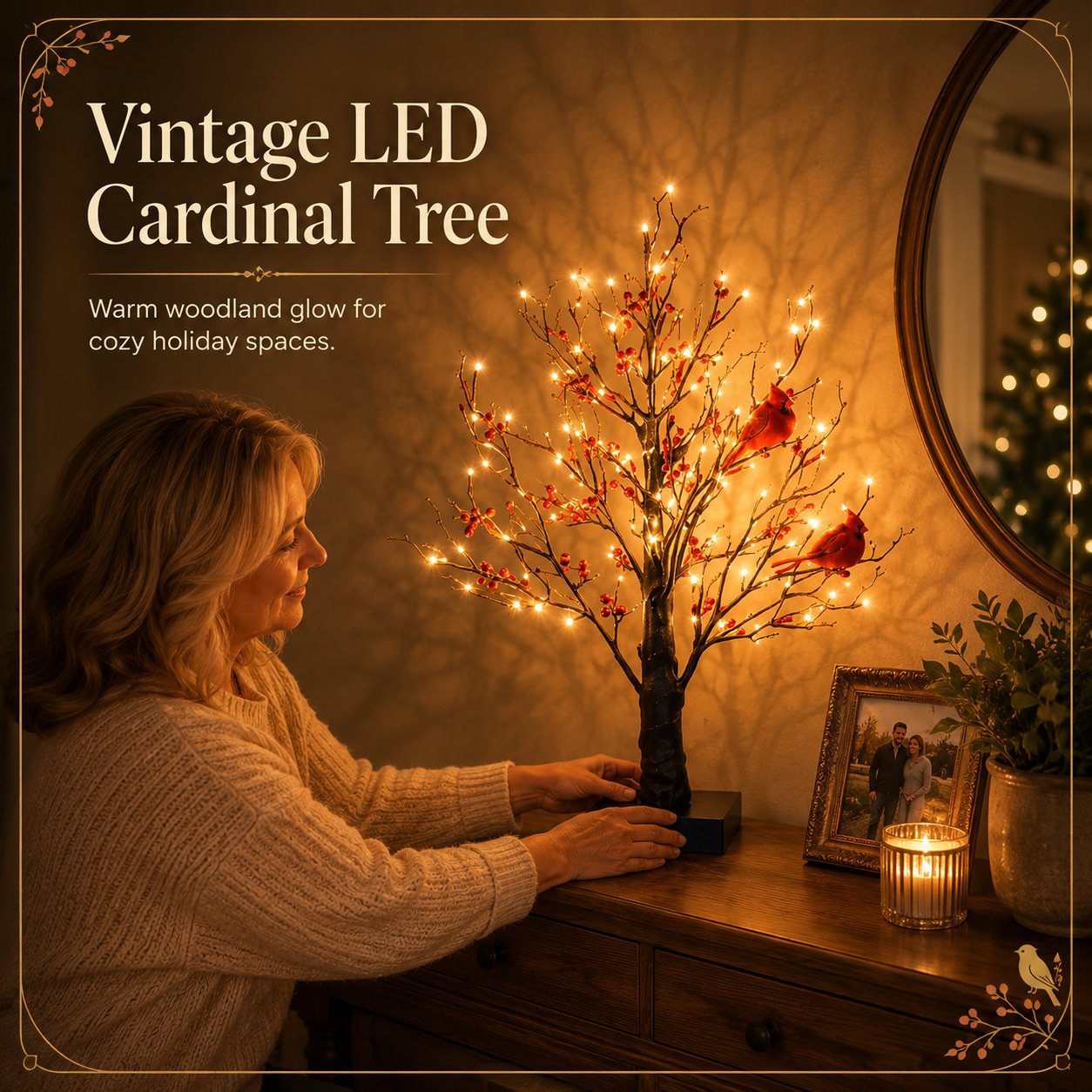 Vintage Glowing Cardinal Tree With Berries