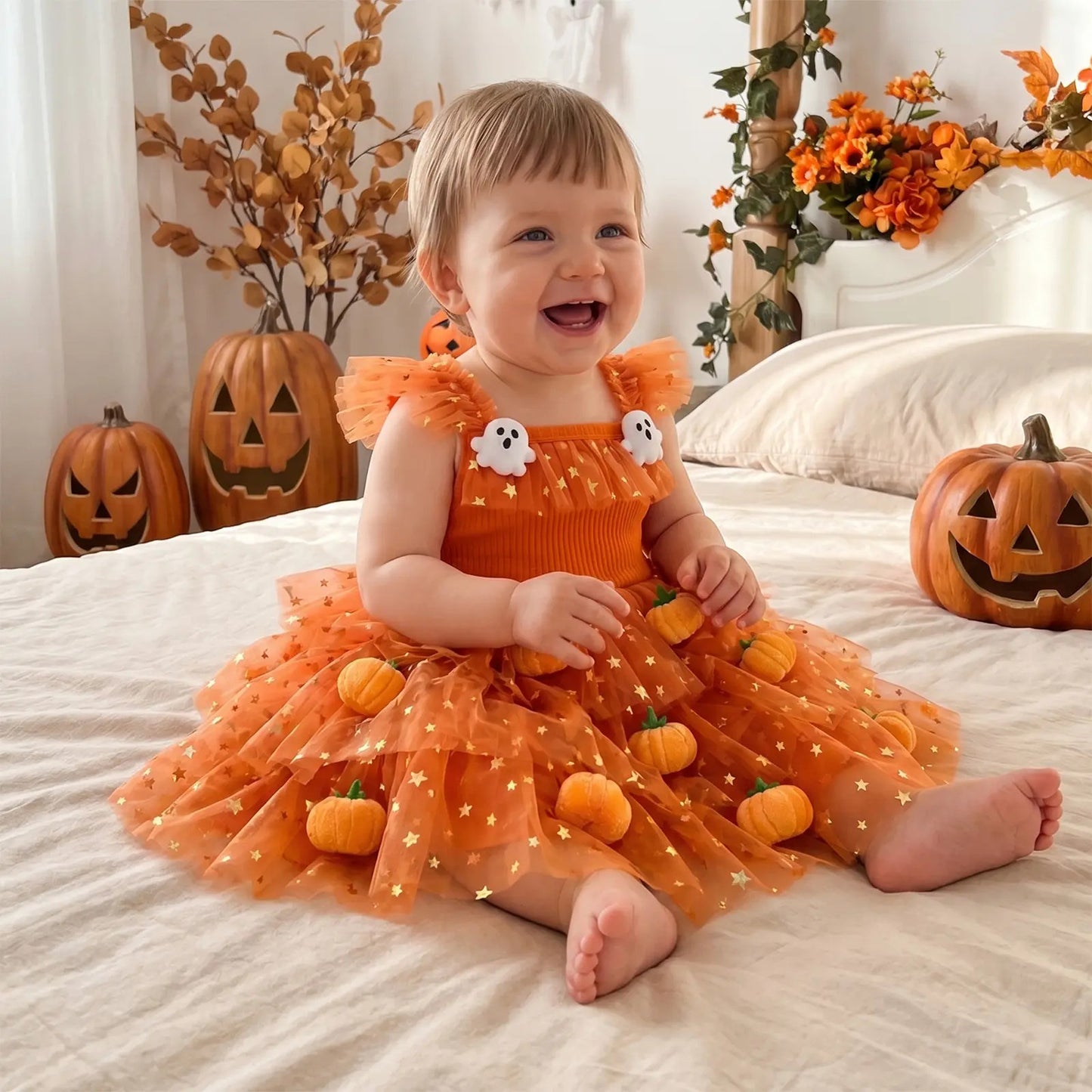 🎃 Baby Girl Halloween Pumpkin Ghost Tulle Dress 👻 Princess Costume