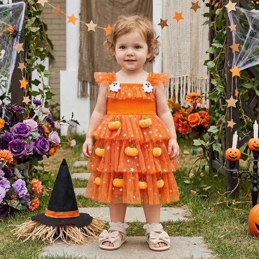 🎃 Baby Girl Halloween Pumpkin Ghost Tulle Dress 👻 Princess Costume