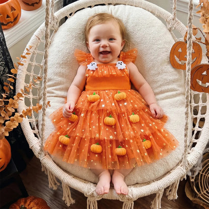 🎃 Baby Girl Halloween Pumpkin Ghost Tulle Dress 👻 Princess Costume