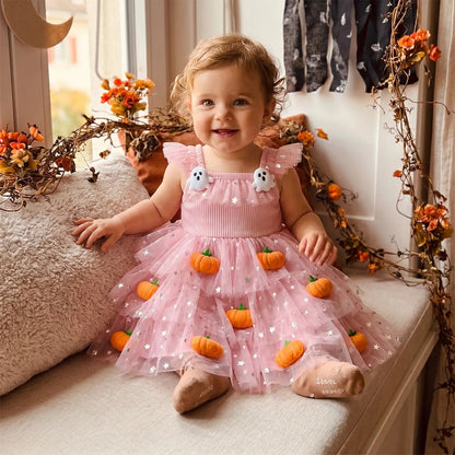 🎃 Baby Girl Halloween Pumpkin Ghost Tulle Dress 👻 Princess Costume