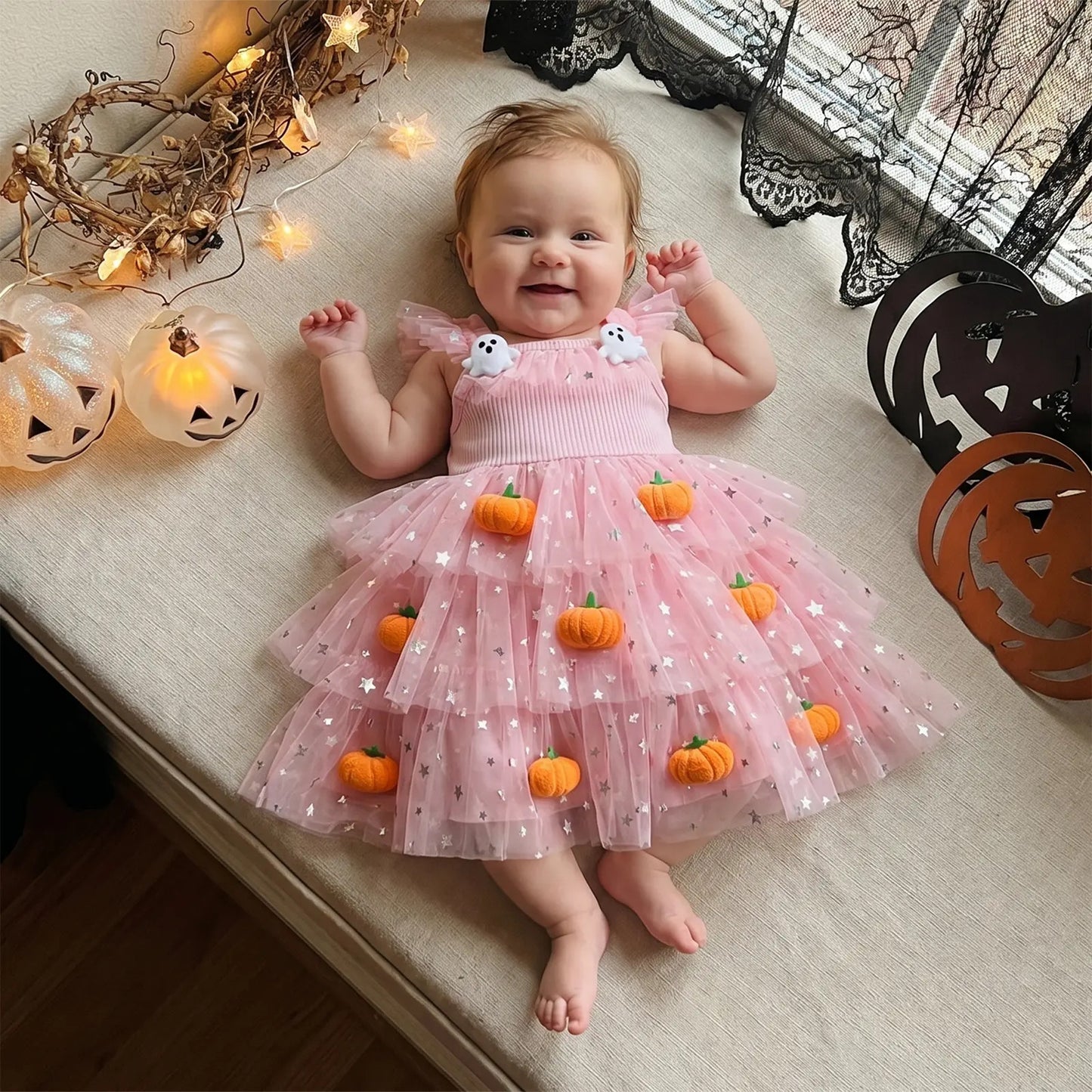 🎃 Baby Girl Halloween Pumpkin Ghost Tulle Dress 👻 Princess Costume