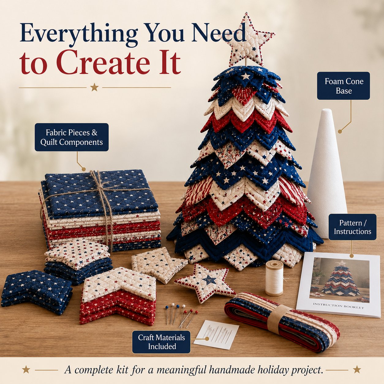 🔥LAST DAY 50% OFF - 🎄Americana Christmas Tree Quilt Kit – Easy Layered Fabric Holiday Décor for Quilting Lovers