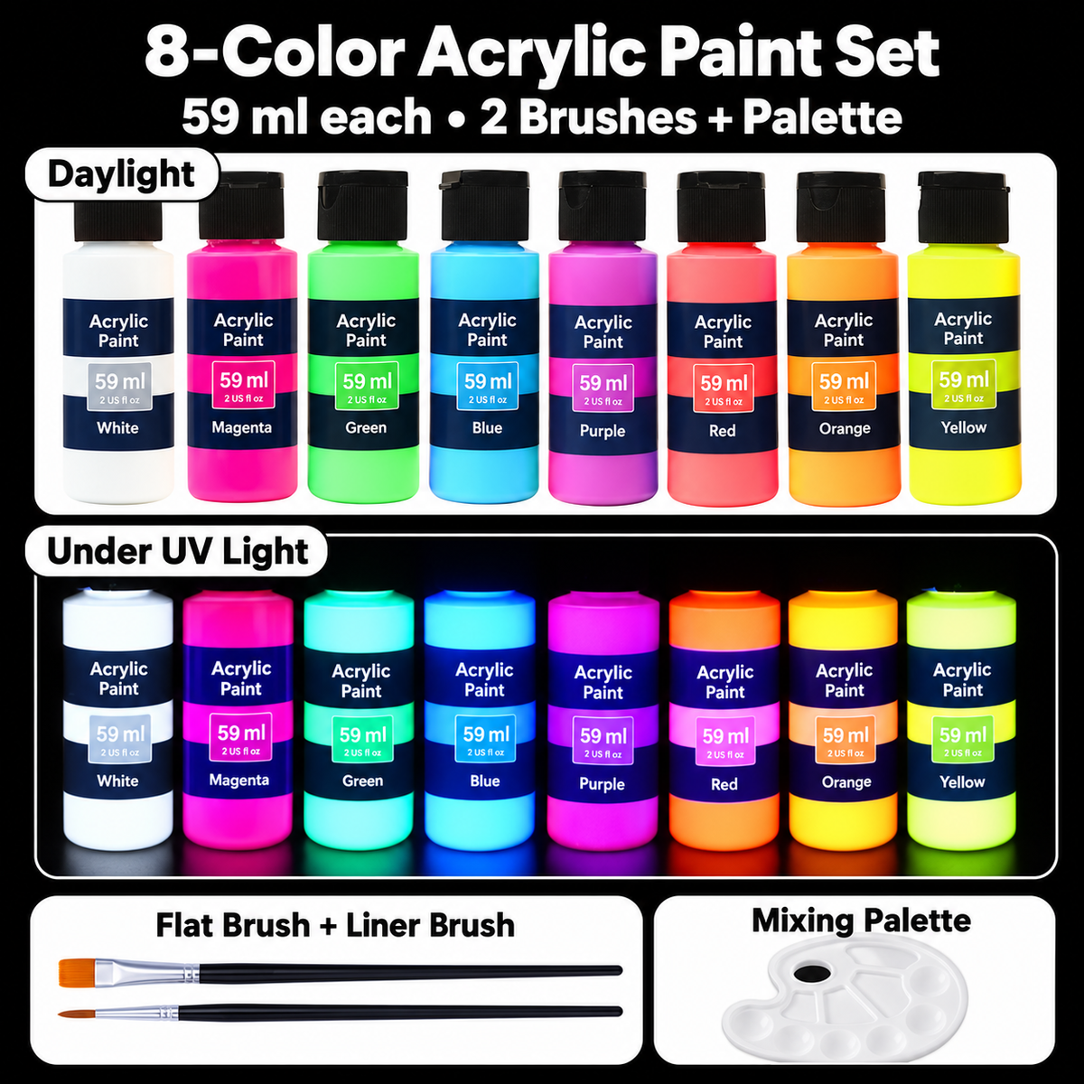 🎨 Make Your Art Glow — UV-Reactive Acrylic Paint Set ✨