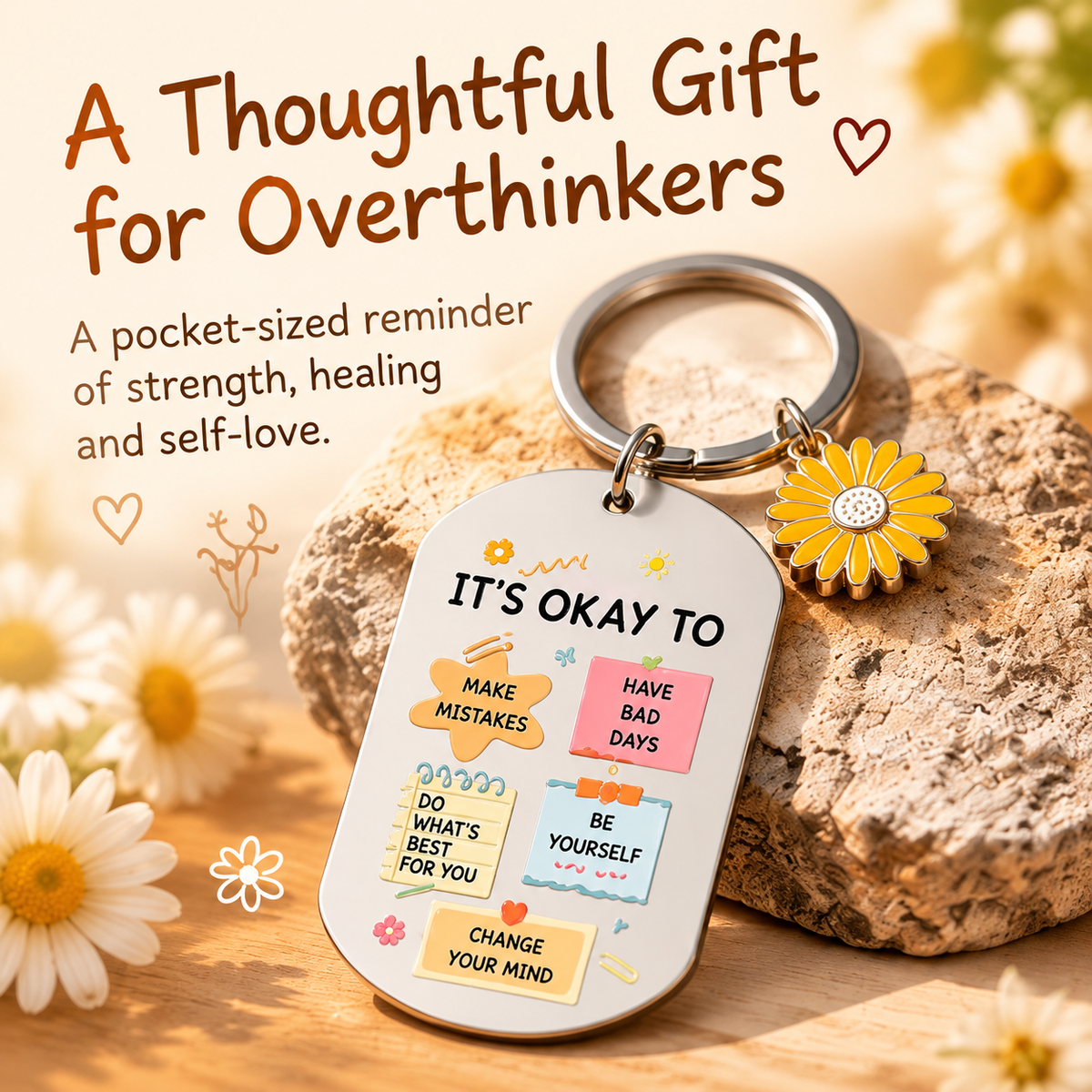 It's Okay to Be You – Double-Sided Inspirational Daisy Keychain | 🎁A Thoughtful Gift for Overthinkers