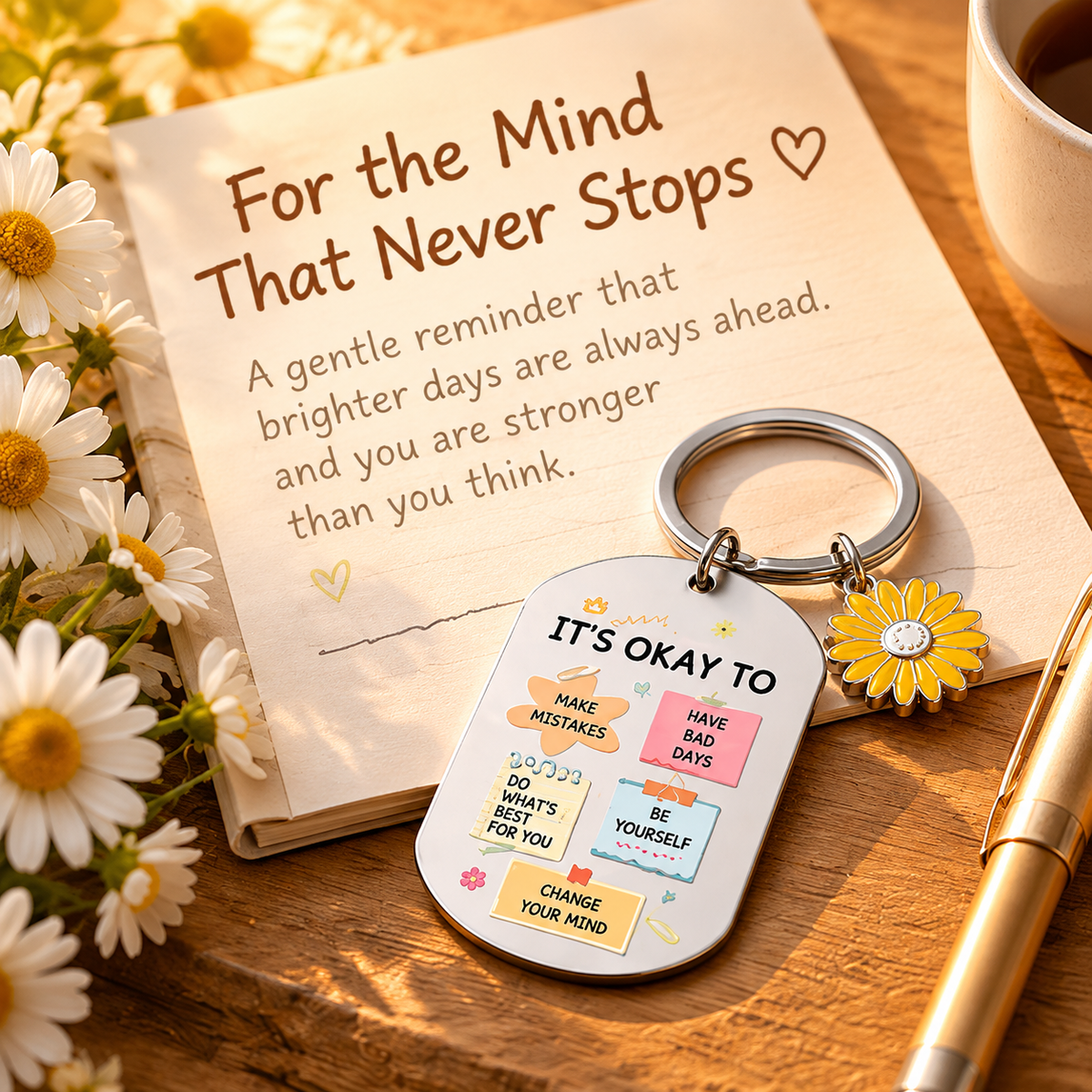 It's Okay to Be You – Double-Sided Inspirational Daisy Keychain | 🎁A Thoughtful Gift for Overthinkers
