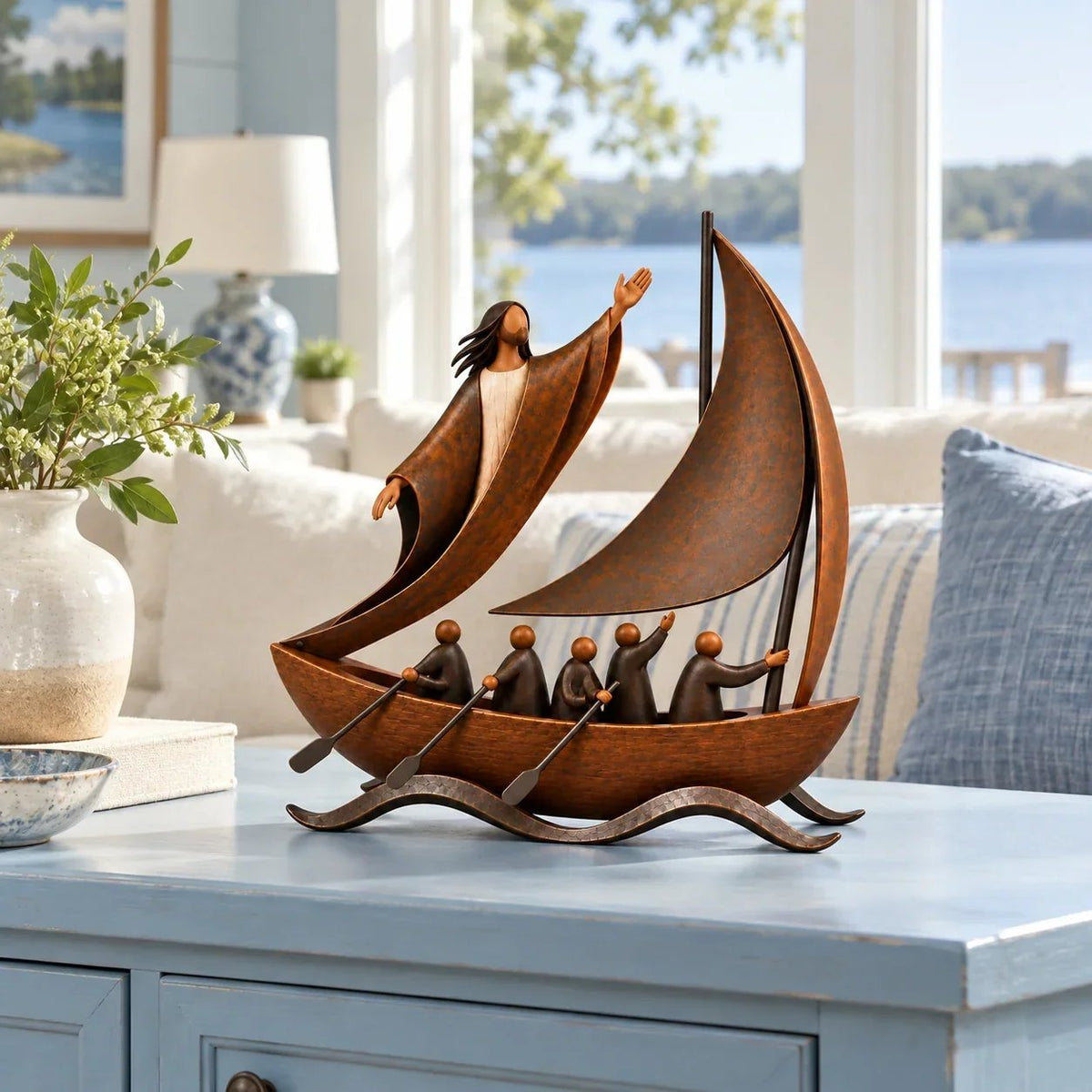 Handcrafted Peace in the Storm Faith Sailboat Sculpture