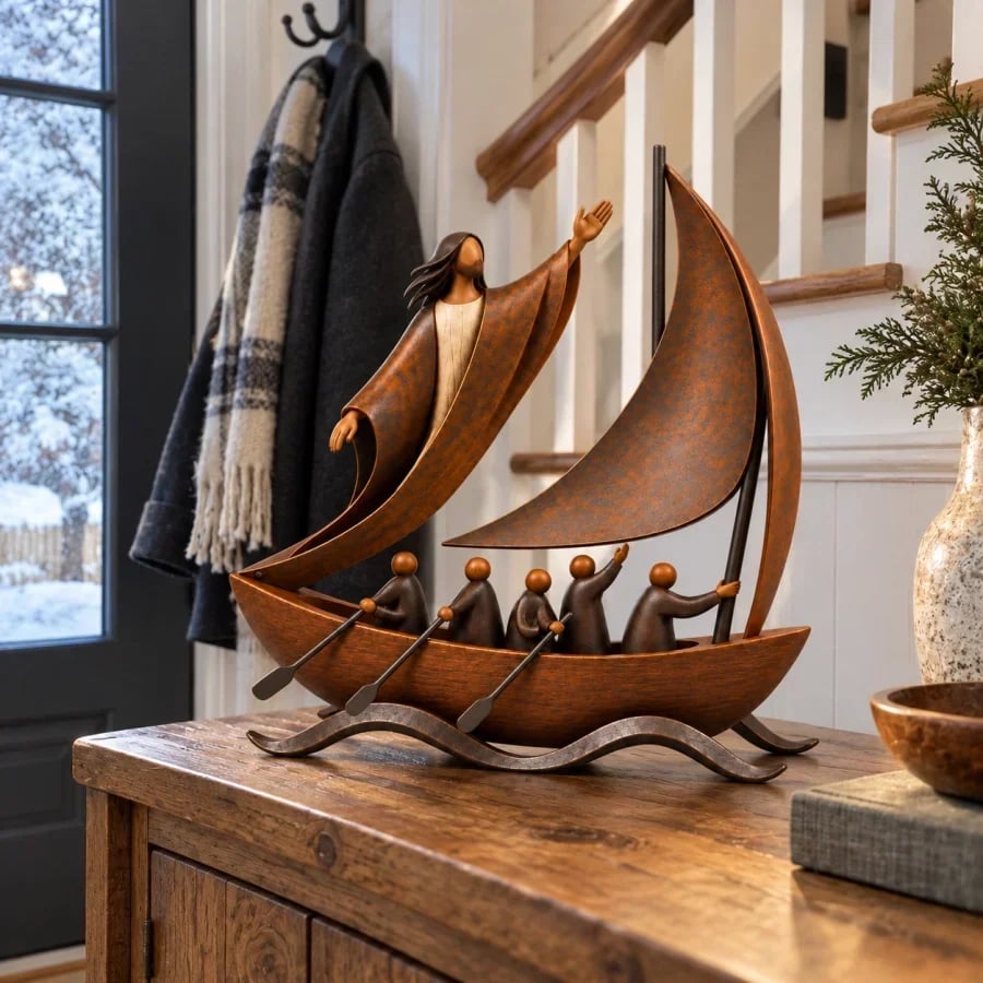 Handcrafted Peace in the Storm Faith Sailboat Sculpture