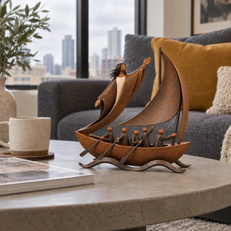 Handcrafted Peace in the Storm Faith Sailboat Sculpture