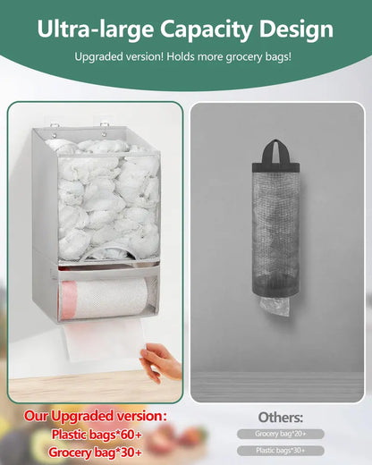🛍️ 2-in-1 Extra Large Plastic Bag Holder – 🧺 Wall Mount Kitchen Organizer with Built-in Trash Bag Dispenser – Holds 60+ Bags, Oxford Cloth