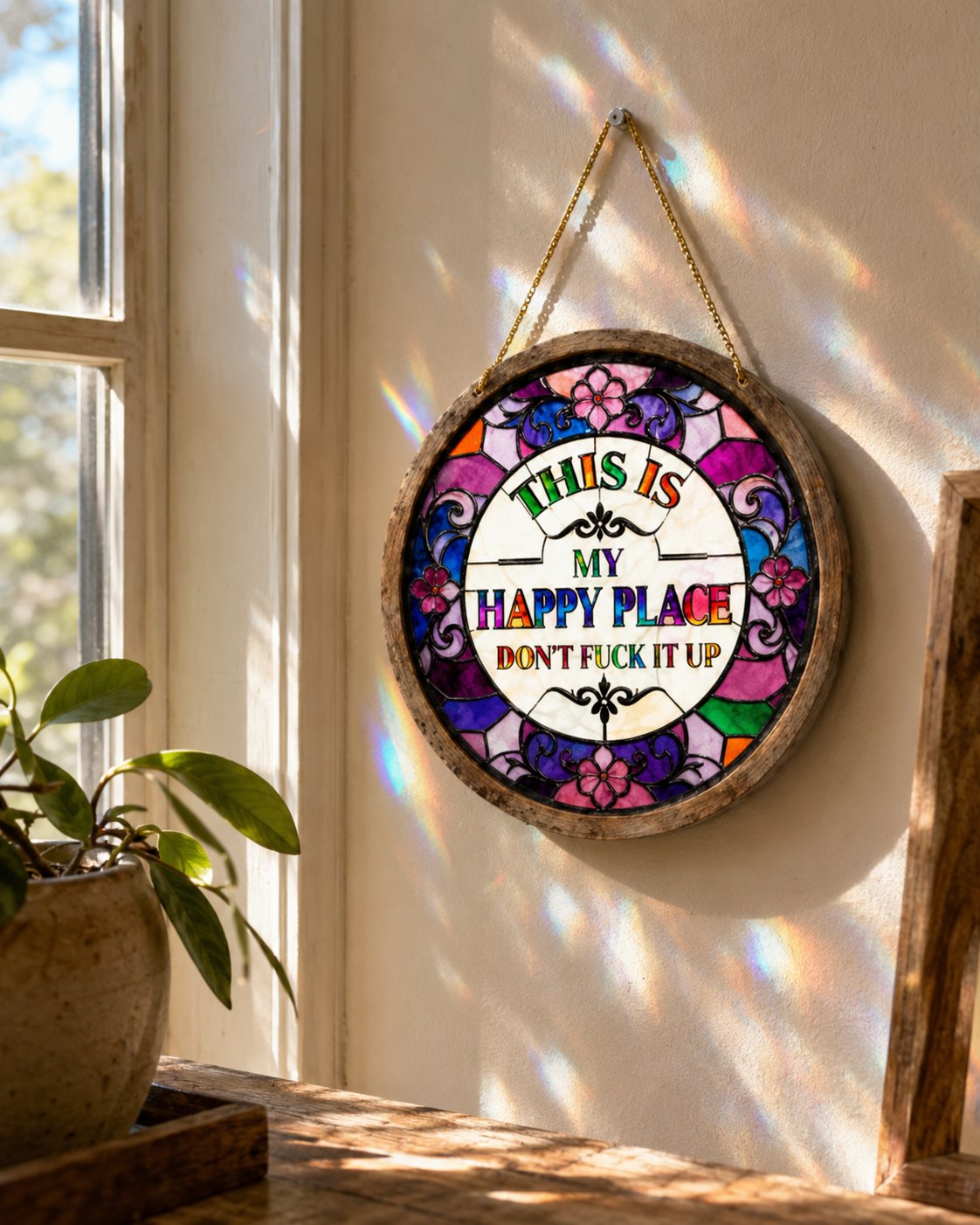 🔥 LAST DAY 49% OFF – 🌈 Stained Glass-Style Happy Place Hanging Suncatcher | Sunlight-Catching Quote Decor for Windows, Porches, Patios & Gifts ✨