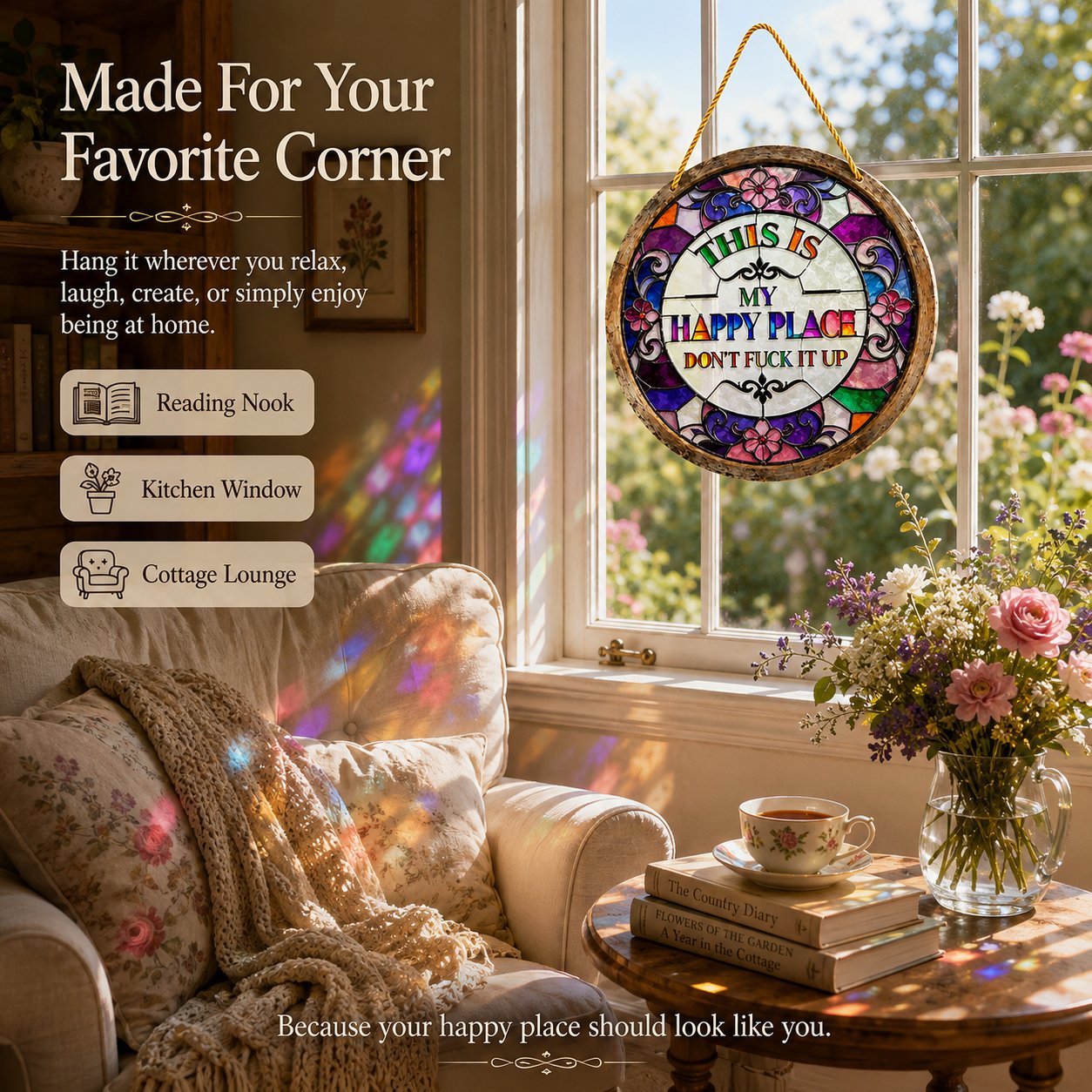 🔥 LAST DAY 49% OFF – 🌈 Stained Glass-Style Happy Place Hanging Suncatcher | Sunlight-Catching Quote Decor for Windows, Porches, Patios & Gifts ✨