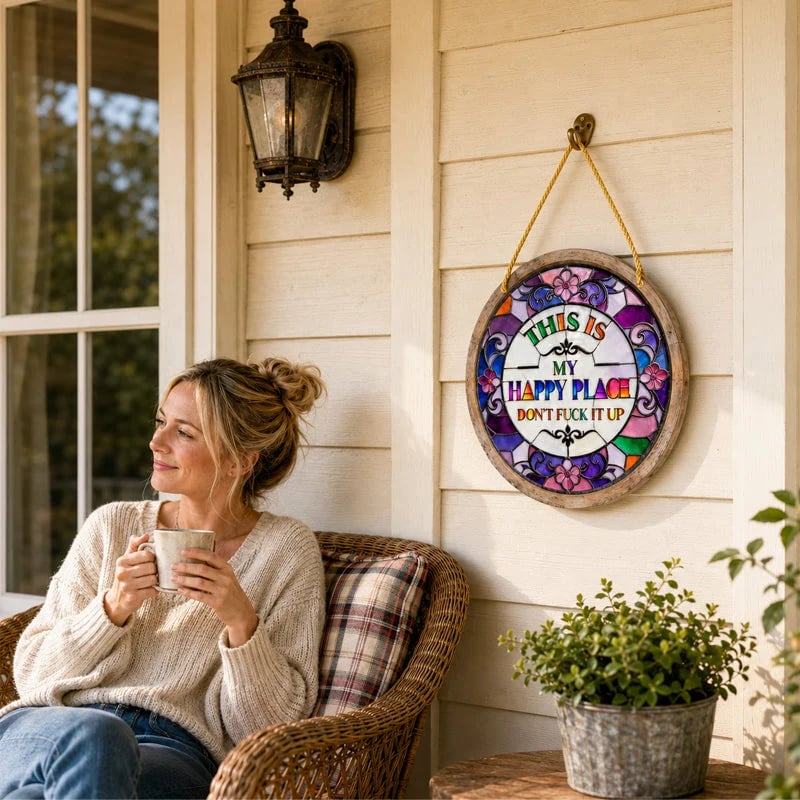 🔥 LAST DAY 49% OFF – 🌈 Stained Glass-Style Happy Place Hanging Suncatcher | Sunlight-Catching Quote Decor for Windows, Porches, Patios & Gifts ✨